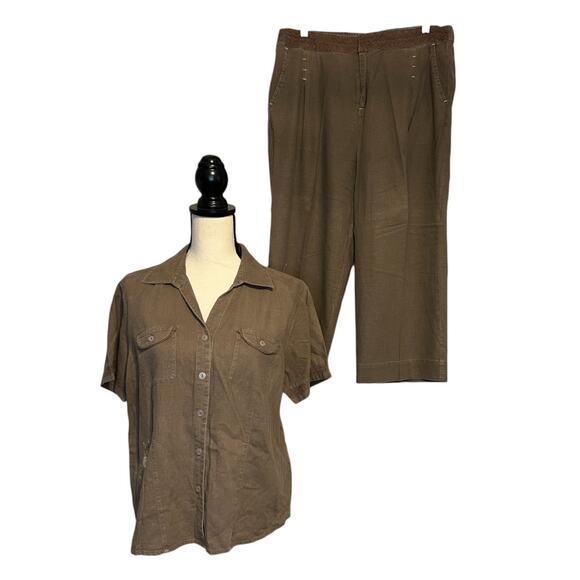 Vintage ERIKA Linen Blend 2 Pcs Outfit Shirt and Pants Women's Size Medium Brown - Picture 2 of 11